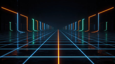 This image presents a futuristic landscape with a neon grid and vibrant colorful lines reflecting in a dark environment, creating a mesmerizing digital aesthetic.の素材