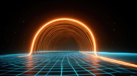 This abstract image showcases a vibrant tunnel made of glowing lines, creating a stunning digital landscape. Perfect for technology and sci-fi themes.の素材