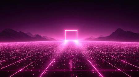 A mesmerizing futuristic landscape featuring a glowing portal in vibrant pink and purple hues, set against a backdrop of distant mountains and a glowing grid.の素材