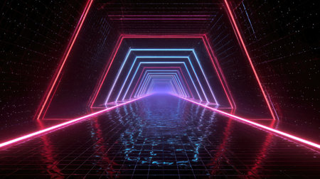 This captivating image showcases a futuristic neon tunnel with glowing lines and a reflective water surface, creating an immersive sci-fi atmosphere.の素材