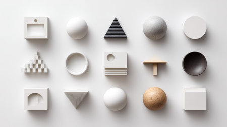 This image showcases an artistic collection of geometric shapes and textures arranged in a minimalist style, ideal for various design or art projects.の素材