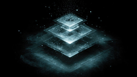 This stunning abstract image features glowing digital layers and shimmering particles set against a dark backdrop, symbolizing innovation and depth.の素材