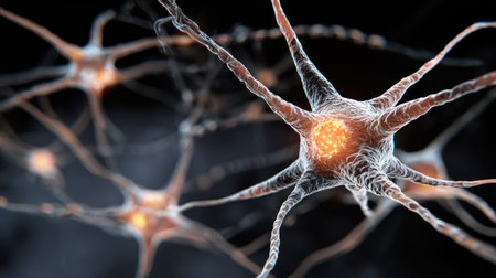 This striking image showcases a close-up view of neurons featuring glowing synapses and intricate branching structures, illustrating the beauty of biological communication.の素材