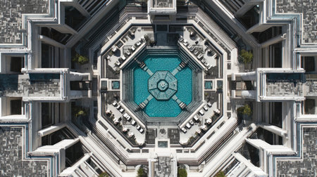 This stunning aerial image showcases a contemporary architectural design featuring a central pool, elegant balconies, and lush greenery, perfect for leisure and tranquility.の素材