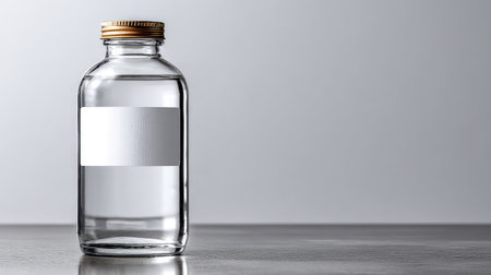 A clear glass bottle with a golden lid rests on a reflective surface, showcasing pure water with a blank label against a minimalistic background.の素材
