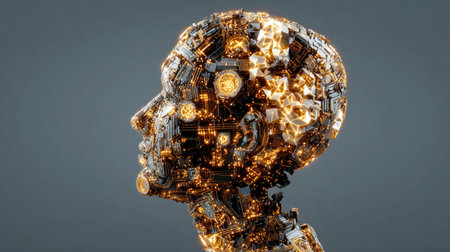 This captivating image features a futuristic robot head silhouette, showcasing intricate circuitry and glowing elements that highlight advanced technology and design.の素材