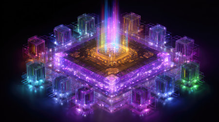 This captivating illustration showcases a futuristic data processing hub featuring vibrant light beams, glowing circuits, and abstract elements, emphasizing technology's evolution.の素材