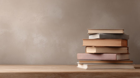 A neat stack of books rests on a wooden table against a soft neutral background, creating a serene atmosphere ideal for reading or studying.の素材