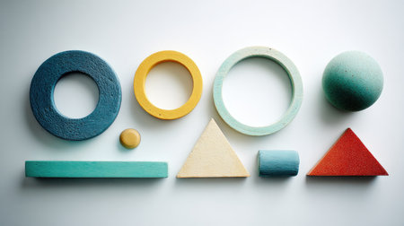 A captivating arrangement of colorful geometric shapes, including circles, triangles, and spheres, showcasing various designs and textures. Perfect for educational and creative projects, this image highlights the beauty of foundational forms and colors against a clean background.の素材