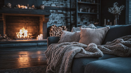 A tranquil living room featuring a warm fireplace, soft blankets, and decorative cushions that evoke a sense of comfort and relaxation. Perfect for home aesthetics.の素材