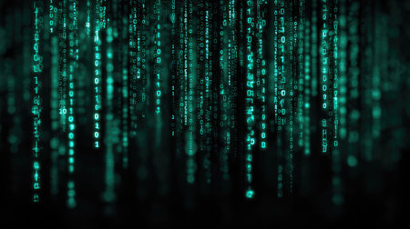 This captivating abstract image features a matrix of flowing green binary numbers against a dark backdrop. It symbolizes technology, data, and digital innovation.の素材