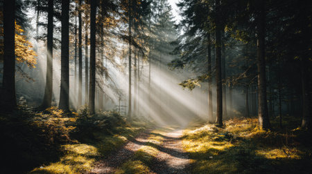 A tranquil forest path shrouded in nature's beauty, where golden sunlight filters through the dense trees, creating a magical glow in the serene environment.の素材