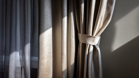 Elegant curtains bathe in soft sunlight, creating a warm and inviting atmosphere. The interplay of light and shadow adds texture and depth to the cozy interior.の素材