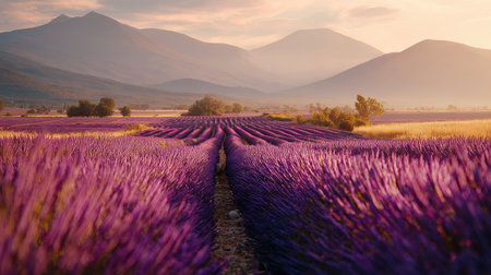 A breathtaking view of a lavender field stretching towards distant mountains during sunset. The vibrant purple blooms create a tranquil and serene atmosphere.の素材