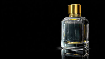 This stunning image features an elegant glass perfume bottle with a luxurious golden cap, set against a dark background that emphasizes its beauty and sophistication.の素材