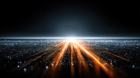 A captivating abstract digital landscape featuring bright lines and sparkling particles against a dark backdrop. This image evokes a sense of depth and motion, perfect for themes of technology and the cosmos.の素材