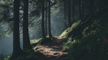 A tranquil scene of a forest trail meandering through tall trees, bathed in soft sunlight, offering a peaceful atmosphere ideal for hiking and exploration.の素材