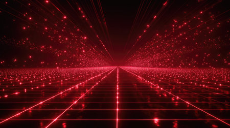 A mesmerizing futuristic scene featuring a neon tunnel filled with red light beams and sparkling effects, creating a high-tech digital environment.の素材