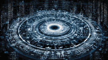 This futuristic digital interface features a striking circular design, showcasing intricate patterns and data visualization elements that embody high-tech innovation.の素材