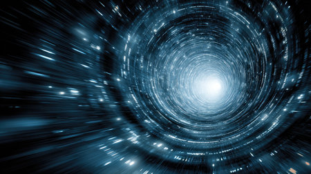 Experience a mesmerizing journey through a swirling blue cosmos, filled with glowing particles and light trails. Ideal for themes of exploration and infinity.の素材