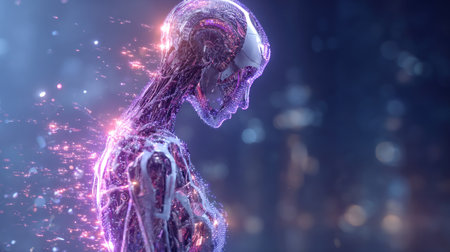 This stunning image captures a humanoid robot with intricate glowing circuits, symbolizing the fusion of technology and humanity. The ethereal design reflects advanced artificial intelligence and futuristic themes.の素材