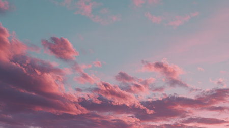 Experience the tranquility of a stunning sky filled with pink clouds as the sun sets over a clear blue horizon, creating a serene atmosphere.の素材