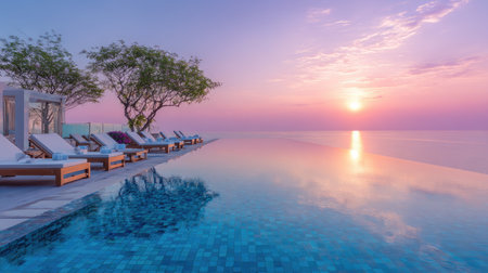 A stunning infinity pool captures the enchanting sunset over the ocean. Lounge chairs line the pool's edge, inviting relaxation in a serene resort atmosphere.の素材