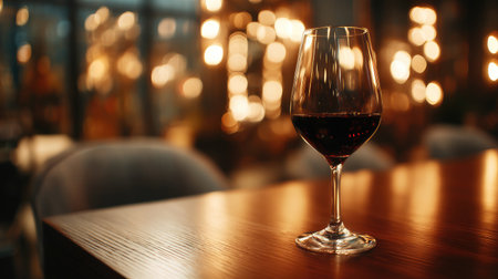 A beautifully crafted glass of red wine sits elegantly on a polished wooden table, surrounded by a warm bokeh background, creating a cozy ambiance perfect for dining or socializing.の素材