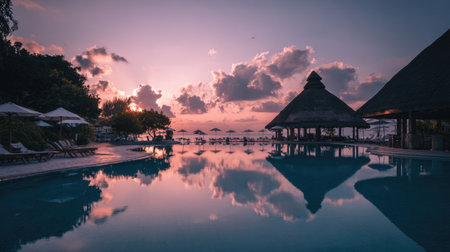 A stunning view of a serene pool at sunset, reflecting the vibrant colors of the sky. This tropical resort captures the essence of relaxation and tranquility.の素材