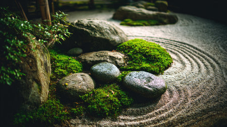 Discover the serene beauty of a zen garden featuring smooth stones surrounded by lush green moss, symbolizing tranquility and harmony in nature.の素材