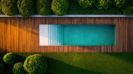 A stunning aerial view of a modern swimming pool surrounded by lush greenery and a stylish wooden deck, perfect for relaxation and leisure in a sunny setting.の素材