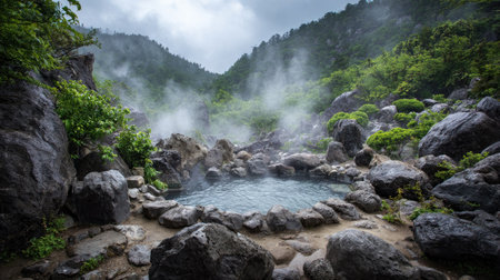 A tranquil hot spring nestled among rugged rocks and vibrant greenery, featuring rising steam and misty mountains under a cloudy sky, offers relaxation and rejuvenation.の素材