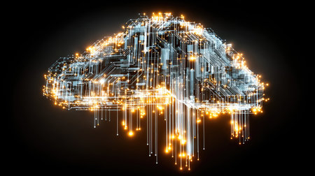 A captivating digital representation of a cloud composed of intricate circuit patterns and luminous lights, symbolizing technology and innovation in the digital era.の素材