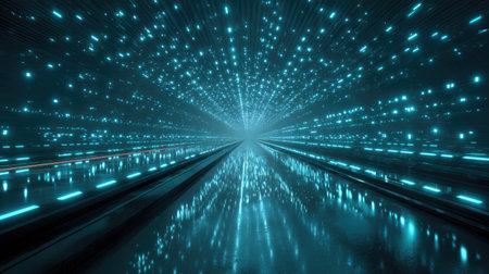 This captivating image showcases a futuristic abstract tunnel filled with vibrant blue lights and smooth reflections, creating an immersive digital atmosphere.の素材