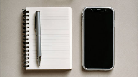 A minimalist workspace featuring a blank notebook, sleek silver pen, and a modern smartphone, all set on a simple gray surface, ideal for creative planning.の素材