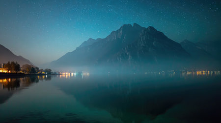 A serene night landscape featuring majestic mountains shrouded in fog, a starry sky above, and calm water that beautifully reflects the tranquil scene.の素材