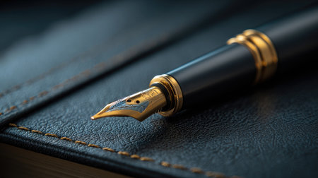 This image showcases an elegant fountain pen featuring a golden nib, resting on a textured dark leather surface, perfect for themes of luxury and artistry.の素材