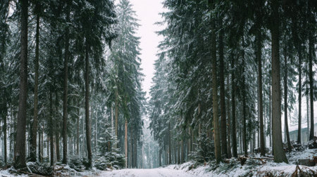 A captivating winter forest path lined with snow-covered trees, offering a serene atmosphere that invites exploration and appreciation of nature's beauty.の素材