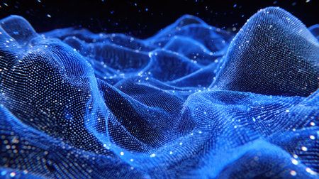 Stunning abstract pattern of blue waves with sparkling particles, ideal for digital technology themes, showcasing depth and fluid movement, perfect for various projects.の素材