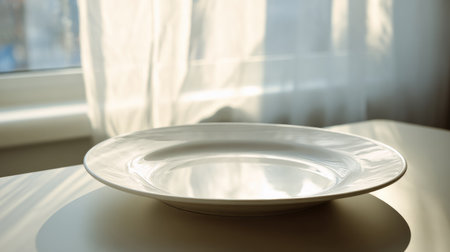 A beautiful and minimalistic image of a round white plate placed on a light table with soft natural light streaming through sheer curtains. Ideal for dining, decor, and culinary themes.の素材
