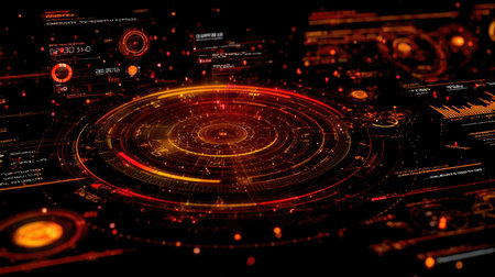A visually striking abstract representation of a digital interface, featuring glowing circular patterns and data visualizations in warm hues. Perfect for themes of technology and innovation.の素材