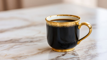 A beautifully crafted ceramic cup filled with rich black coffee, elegantly showcased on a glossy marble table, perfect for a refined morning ritual.の素材