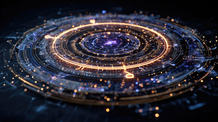 An abstract digital illustration featuring luminous circles and particles on a dark background, representing futuristic design and technological themes.の素材