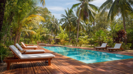 This image captures a serene tropical oasis featuring a clear blue pool surrounded by lush greenery and vibrant palm trees, perfect for relaxation.の素材
