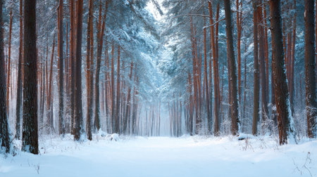 A tranquil winter scene featuring a snow-covered pathway winding through tall trees, creating a serene and peaceful atmosphere. Perfect for evoking calmness.の素材
