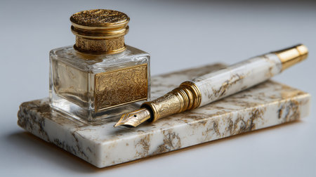 This stunning image features an elegant gold-tipped fountain pen resting beside an ornate ink bottle on a luxurious marble base, showcasing sophisticated textures and soft lighting to create a timeless and stylish atmosphere suited for creative workspaces.の素材