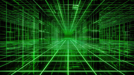 Immerse in a vibrant green 3D environment featuring an intricate geometric grid and dynamic lines that evoke a futuristic digital landscape.の素材