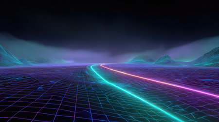 A stunning futuristic landscape featuring a vibrant grid pattern illuminated by neon lights. The dark sky adds depth, creating a surreal atmosphere perfect for technology and digital art themes.の素材