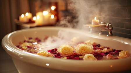 A serene bathroom scene featuring a large bath filled with rose petals, surrounded by flickering candles and soft steam, ideal for relaxation.の素材