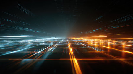 Captivating abstract digital background featuring vibrant light trails in blue and orange. Represents speed and motion in a futuristic environment.の素材